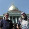 Larry and Bill in front of the Massachusetts State - House, the capitol building of the Commonwealth