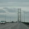 Crossing the Mackinac Bridge with Lake Michigan - on the left and Lake Huron on the right.