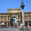 The next morning we're back at Piazza della Repubblica, where we checked out - the merry-go-round earlier.  Many large department stores and restaurants are - located on the square.  It is the site of the original Roman Forum of Florence.