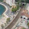 A close up of the Villefranche beach and town. - You can see where the train enters a tunnel here.