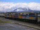 We arrive in Jasper, Alberta.  We have a good half hour to get out and stretch our legs. - Note the Spiderman 2 ad on the side of the second engine of our train.