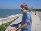 We stopped at a viewing area before getting on the bridge. The wind was blowing Bill's beard wildly.