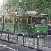 Melbourne has streetcars like San Francisco, - but they call them trams there. - Note that traffic uses the left lane.