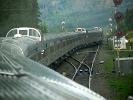 Our train is leaving the siding, after waiting for a - passing freight train, and is getting back on the main line 