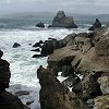 Rugged rocks and surf at Sutro Baths ruins.